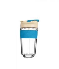 日本暢銷 - 兩用耐熱咖啡玻璃隨行杯 附可拆式吸管 550ml 米黃配淺藍色