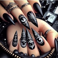 Autumn Winter Fashion ins Style Round Head Almond Nail Extra Long Black Style Eyes Totem Manicure