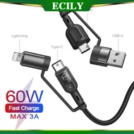 ECILY PD 60W 4 in 1 Type C to USB C lightning Cable For i-Phone 14 13 12 Macbook Xiaomi Samsung S22 3A Fast Charging Data Wire