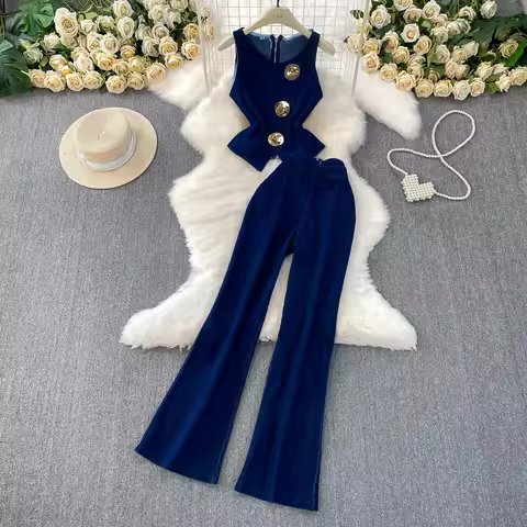 Fashion Denim Pant Sets for Women Metal Buttons Jean Vest+High Waist Wide Leg Pants 2025 New Female 