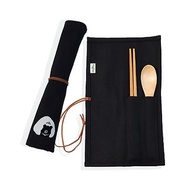 環保餐具 帆布收納套袋組 含筷子湯匙 極觸感植絨插畫 黑熊飯糰
