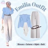 Emilia Outfit Set (Ruffle Blouse, Ivory Pants, Bella Square, Belt) Modern Teenage Hijab AS2I