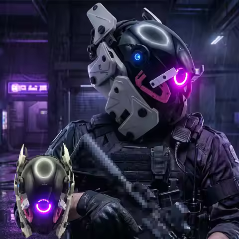 Inosuke's Mecha Punk Helmet, Adult Futuristic Techwear Helmet with LED Lamp for Halloween Cosplay Co