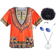 4 PCS Hippie Costume For Mens Retro Party 60S 70S T-Shirt Afro Wig Essories Set For Carnival Party Cosplay Stagewear Costume