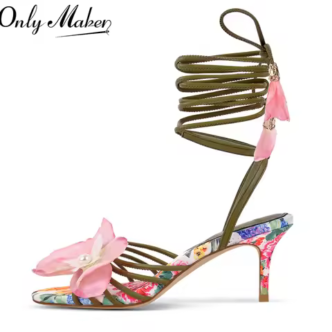 Onlymaker Women Open Toe Flower Ankle Strap Sandals Wedding Heels Dressy Lace Up Summer Heels