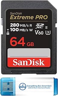 SanDisk SD Extreme Pro UHS-II 64GB Memory Card Works with Sony a7CR, a7Cm2, a6700 Mirrorless Cameras (SDSDXEP-064G-GN4IN) V60 U3 Bundle with (1) Everything But Stromboli 3.0 Micro &amp; SDXC Card Reader