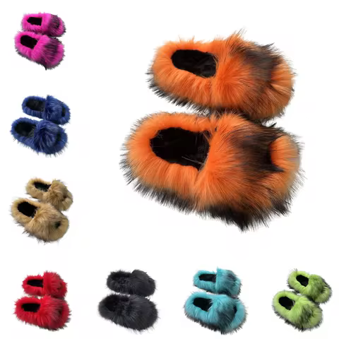 PVC Faux Raccoon Brown Teddy Fur Slides Colorful Fox Fur Slippers
