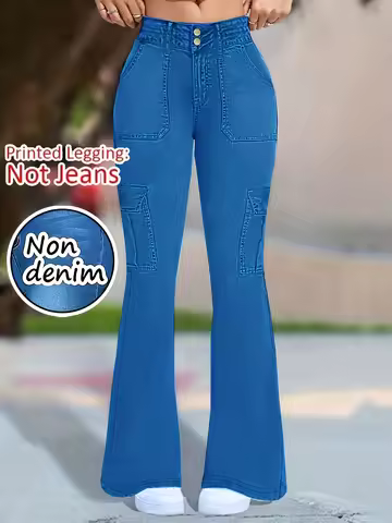 printed-legging-not-denim-fabric -Women's faux denim flare pants，Denim printed women's full-length f