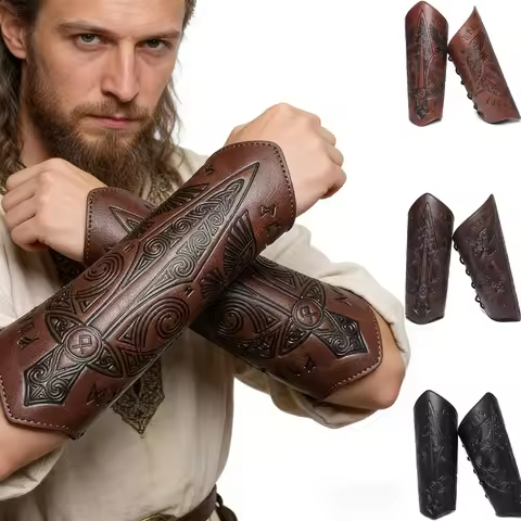 2pcs Viking PU Leather Wrist Guards Medieval Celtic Embossed Cuffs Bracers for Stage Performance Cos