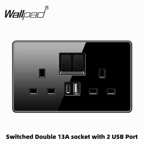 146*86MM 3*6 Wallpad Black Glass Double Switched 13A 3Pin UK Wall Plug Socket with 2USB TypeC 20A 45