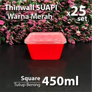 MERAH 25 pcs pack - Thinwall Square Suapi 450 ML - Red Color Clear Lid - Plastic Box - SQ Container 