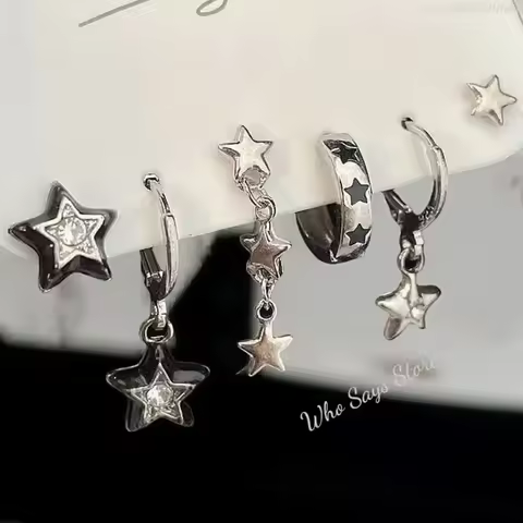 6pcs Set Earring Silver Color Star Dangle Earrings Vintage Metal Geometric Drop Earring for Women Fa