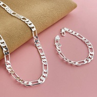 Foreign Trade Jewelry Copper Silver-Plated 8MM Three-to-One Necklace Bracelet Set Ready Stock 20/40/