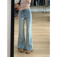 [Lu77 Studio] Micro-Flared Pants Korean Jeans Light Blue Narrow Straight-Leg Slimmer Look Stretch Wo