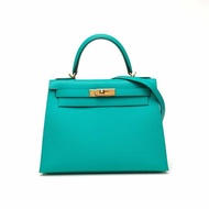 HERMES Kelly28U1維羅納綠Epsom皮D刻金扣肩背包
