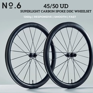 NO.6 45/50 UD SUPERLIGHT CARBON SPOKE DISC WHEELSET UCI Approved 1260g