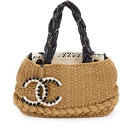 Chanel Beige and Cream Woven Raffia Black Lambskin Braided Handle Coco Country Tote Brushed Gold Hardware, 2009-2010