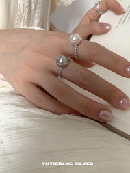 แหวนมุกเงินแท้ S925แหวนเงินแท้ S925แหวนเปิดปลายสีเทาระดับสูงสไตล์ฝรั่งเศสฝังเพชรเต็มรูปแบบ