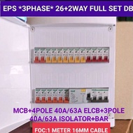 NES & EPS THREE PHASE 40A/63A Full Set 26+2WAY DB BOX WITH 4P ELCB, 3P ISOLATOR(M/SWITCH)MCB&BAR (KO
