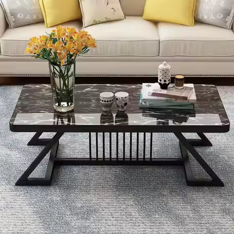 Nordic Modern Tempered Glass Top Furniture Marble Texture Center Table Minimalist Sofa Table with Fr