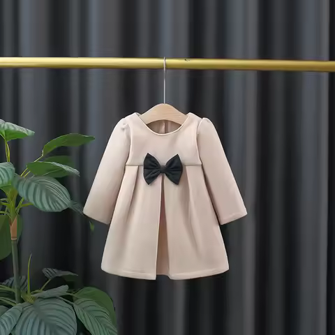 New Korean Version Dress For Girls In Autumn Cute Bow Tie, Long Sleeved Temperament A-Line Princess 