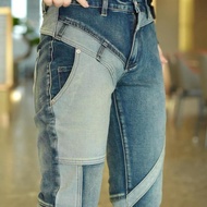 Stitching Style Foot Autumn Winter Cylinder Men's Slim-fit Stitching Trousers Trendy Retro Motorcycl