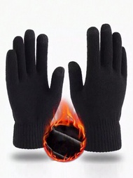 1雙黑色全指針織觸控手套,配暖絨內襯,防寒保暖騎行