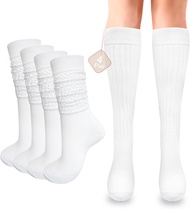 4 Pairs Slouch Socks Women White Stretchy Scrunch Socks Soft Slouchy Socks for Woman Knee High Boot