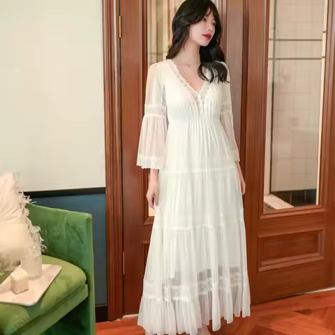 Spring Autumn Modal Women's Nightgowns Vintage Princess Gauze Long Sleepwear Girls Tiered Night Dres