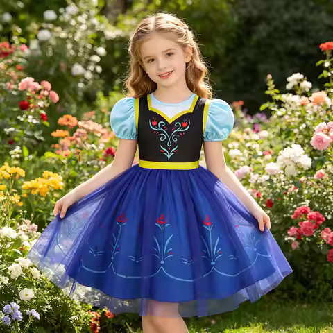 Girls Summer Breathable Fluffy Clothing Cosplay Disney Princess Anna Puffy Short Sleeve Everyday Cas