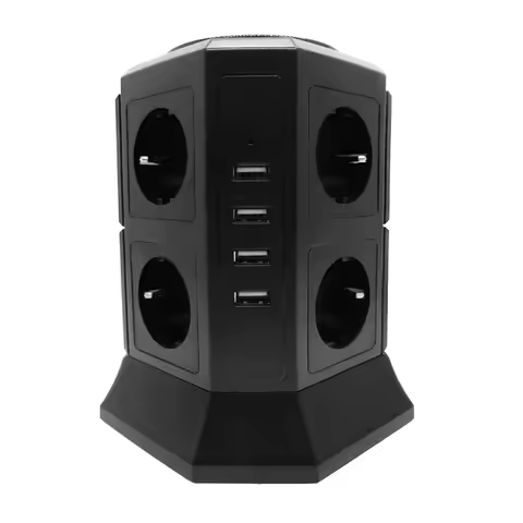 Tower Power Strip Vertical EU Plug 8/12 Way Outlets Sockets with USB Surge Protector 2500W 2m Extens