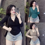 Women's Slim Fit Long Sleeve Buttoned T-shirt (TD Plain T66)