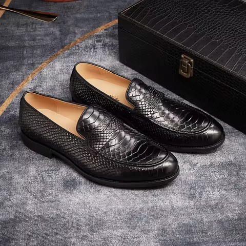 FELIX CHU Genuine Leather Men's Loafers Pointed Snake Pattern Slip-on Monk Shoes Wedding Party Casua