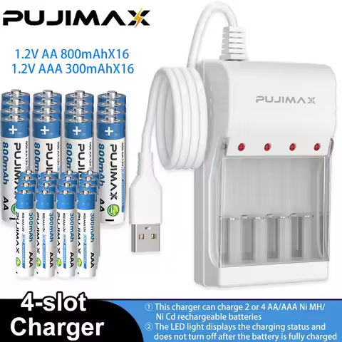 PUJIMAX Rechargeable Battery 1.2V AA 800mAh+AAA 300mAh NI-MH Battery+Charger for Computer Clock Radi
