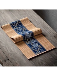 1入組30CM*90CM古典牡丹刺繡竹桌旗，禪風深藍，適用於餐桌、咖啡桌、茶几、電視櫃