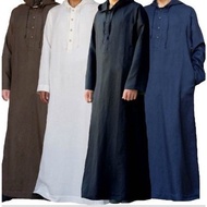 Muslim Jubah Putih lelaki Cotton Men Simple Long Hooded Shirt Robe Jubah Hoodie Lelaki Baju Melayu