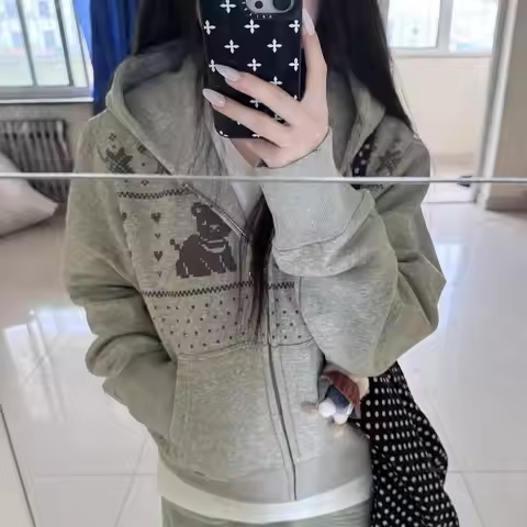 Korean Cute Bear Hoodie Women - Foam Print Hooded Sweatshirt, Y2K Oversized Open Front Jacket, Ins F