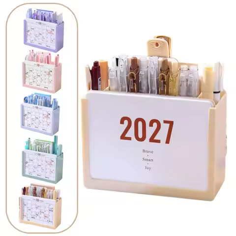 Space-Saving 2027 Desk Calendar Pen holder Plastic October 2026 - December 2027 Makeup Brush Holder
