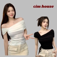 Women's off-the-shoulder t-shirt with drawstring waist, slim fit, can be worn in many styles, women'