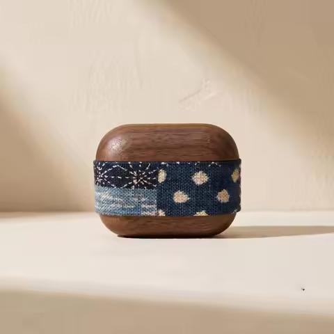 Walnut Wood & Indigo Blue Fabric Case for AirPods 4 / AirPods 4 ANC – Handmade Protective Earbuds Co