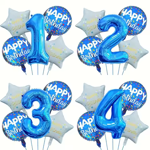 5pcs 32inch Blue Digital Aluminum Film Balloon Set Light Blue Stars Balloons Happy Kids 1-9th Birthd