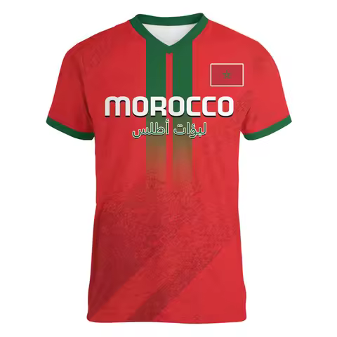 Morocco Football T Shirt For Men Cool 3d Printed Moroccan Sports V Neck T-shirt Tops Short Sleeve Su