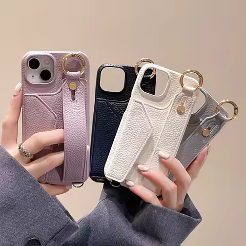 Solid color wristbands card pocket leather wallet case For iphone 13 16 17Pro Max 16Pro 15 14 Pro Ri