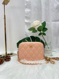 Chanel CC羊皮蜜桃粉復古金球相機包