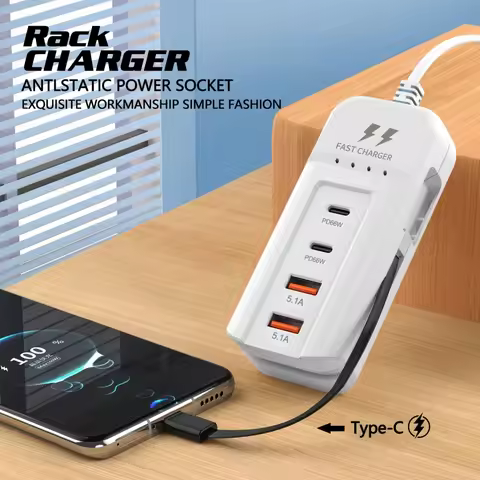 66W Charger Socket With Type C Cable USB Power Strip Charger PD Wall Charger Adapter Electrical Sock