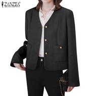 ZANZEA Women Korean Fashion V-neck Short Long Sleeve Pocket Split Coat Blazer