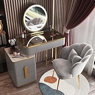 Modern Dressing Table ladies with mirror 3 color lighting, Makeup Vanity Desk glass table top, Vanity Table set with storage cabinet and stool, cosmetic table for bedroom desk ( Color : Gray+Gold B ,