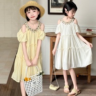 Girls Dress Summer 2026 Off Shoulder Bohemian Style Puff Sleeve Dress Children Clothes 110-170cm 17.