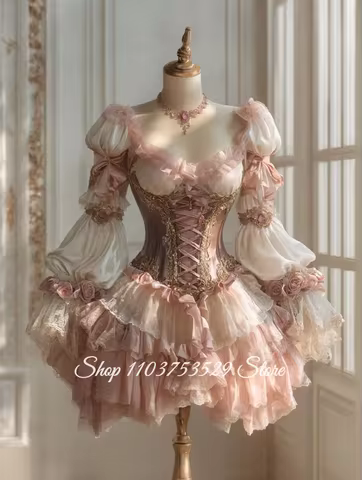 Pink Dreamy Vintage Victorian Ball Gown Customized Cherry Blossom Corset Evening Dress Special Occas