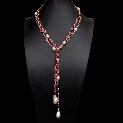 Y.YING Cultured Purple Keshi Pearl Fuchsia Color Cz Pave Long Chain Long Necklace 49"